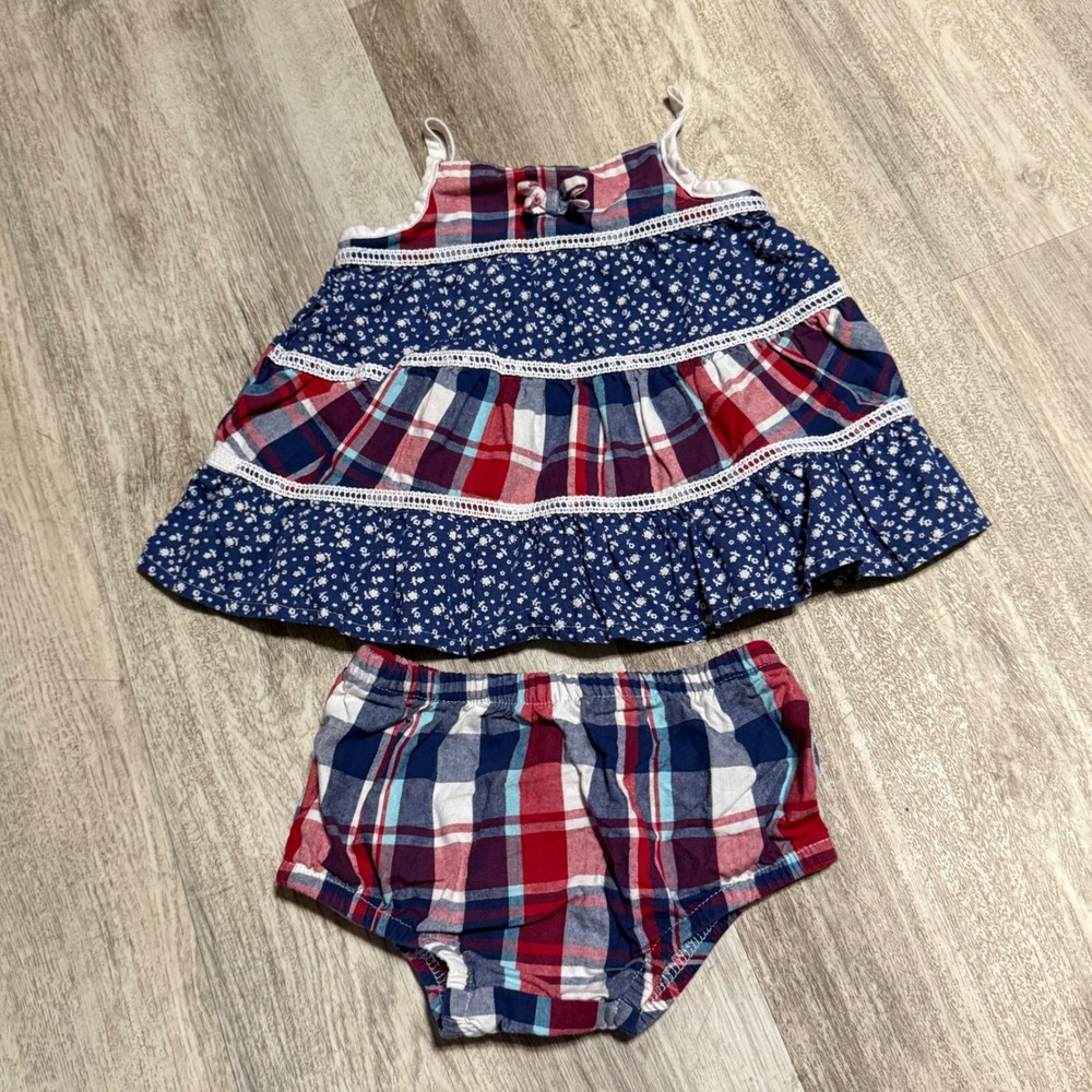 Small Wonders Baby Girl Dress & Bloomer Set‎ Red White Blue Plaid Floral